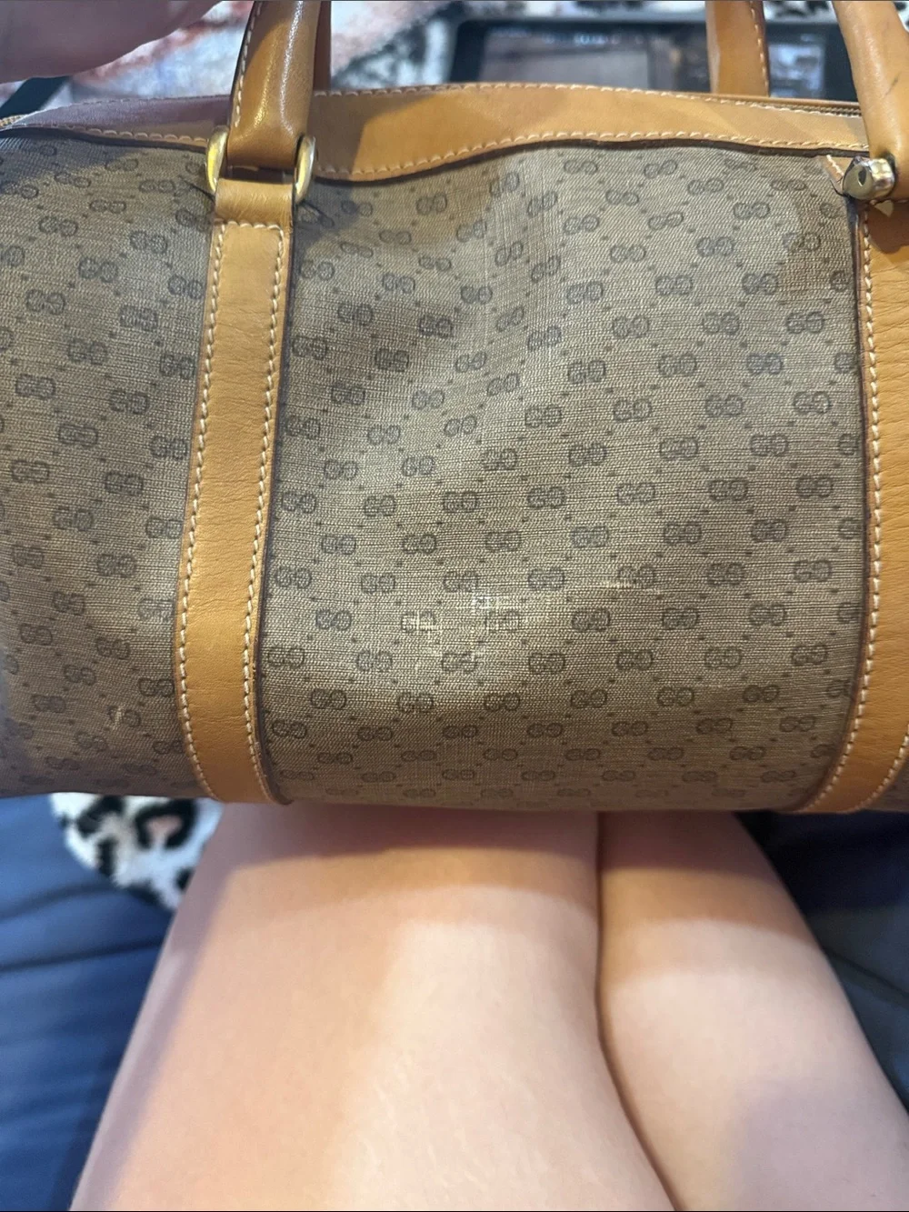 Authentic vintage Gucci Brown and Tan GG Canvas Satchel with Gold Hardware